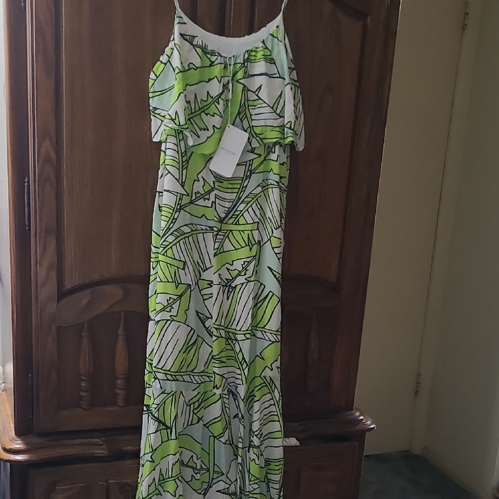 Tropical Green Leaf Print Maxi Dress